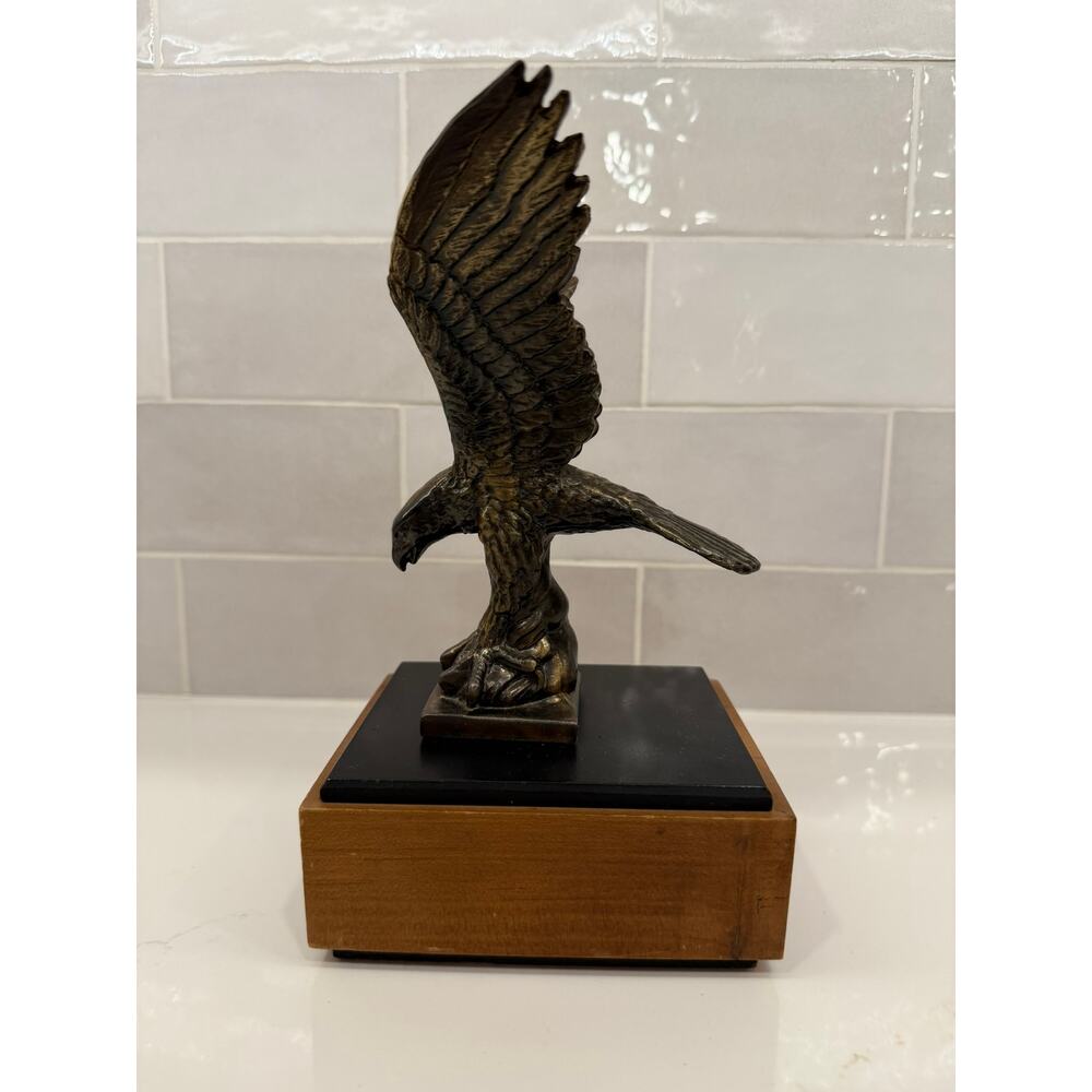 Vintage Antiqued Brass Signed Eagle Sculpture on Base